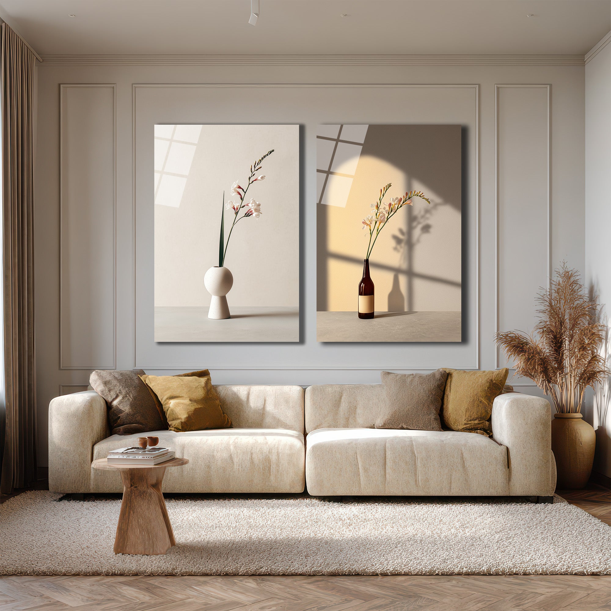 Minimalist Çiçekler İkili Modern Cam Tablo Seti