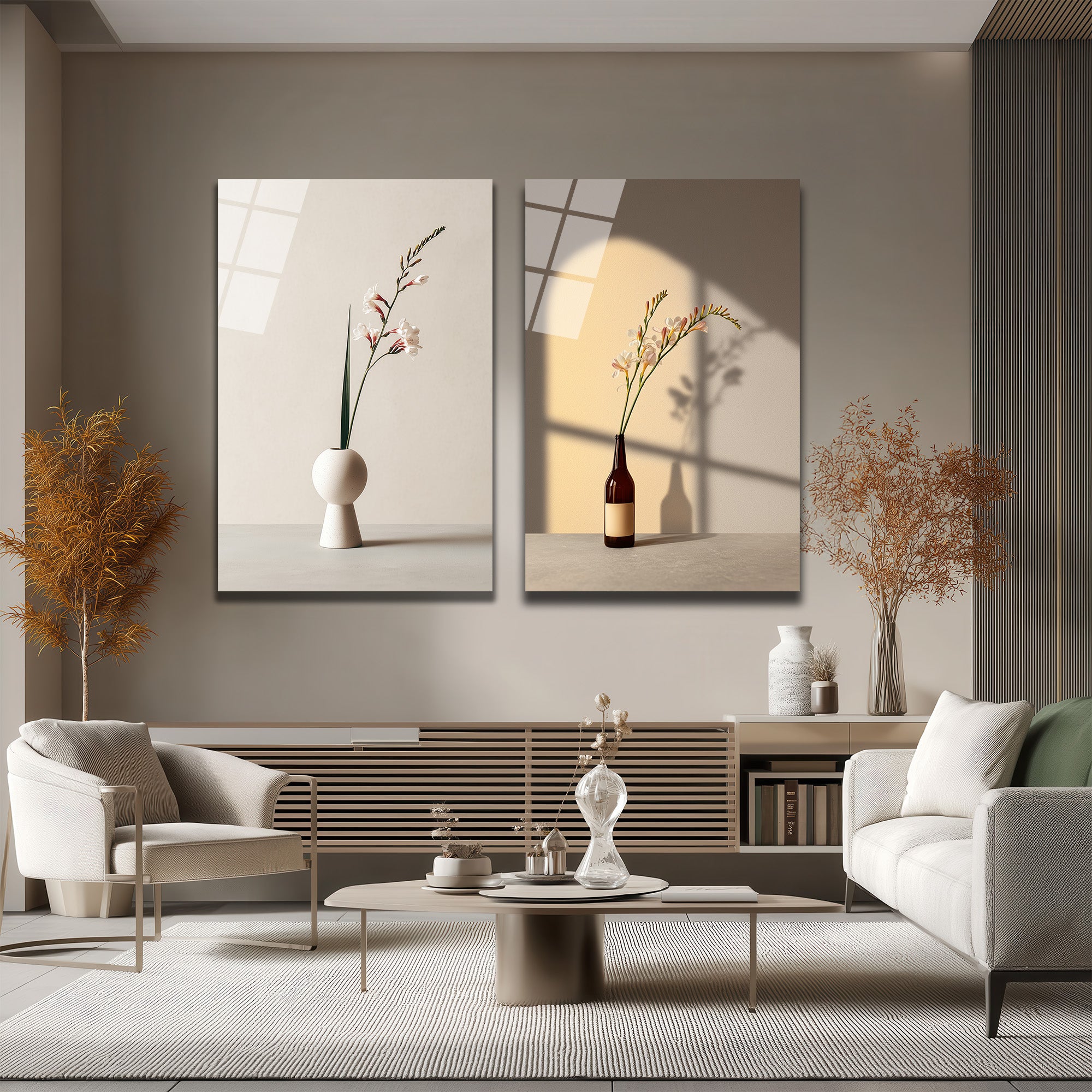 Minimalist Çiçekler İkili Modern Cam Tablo Seti