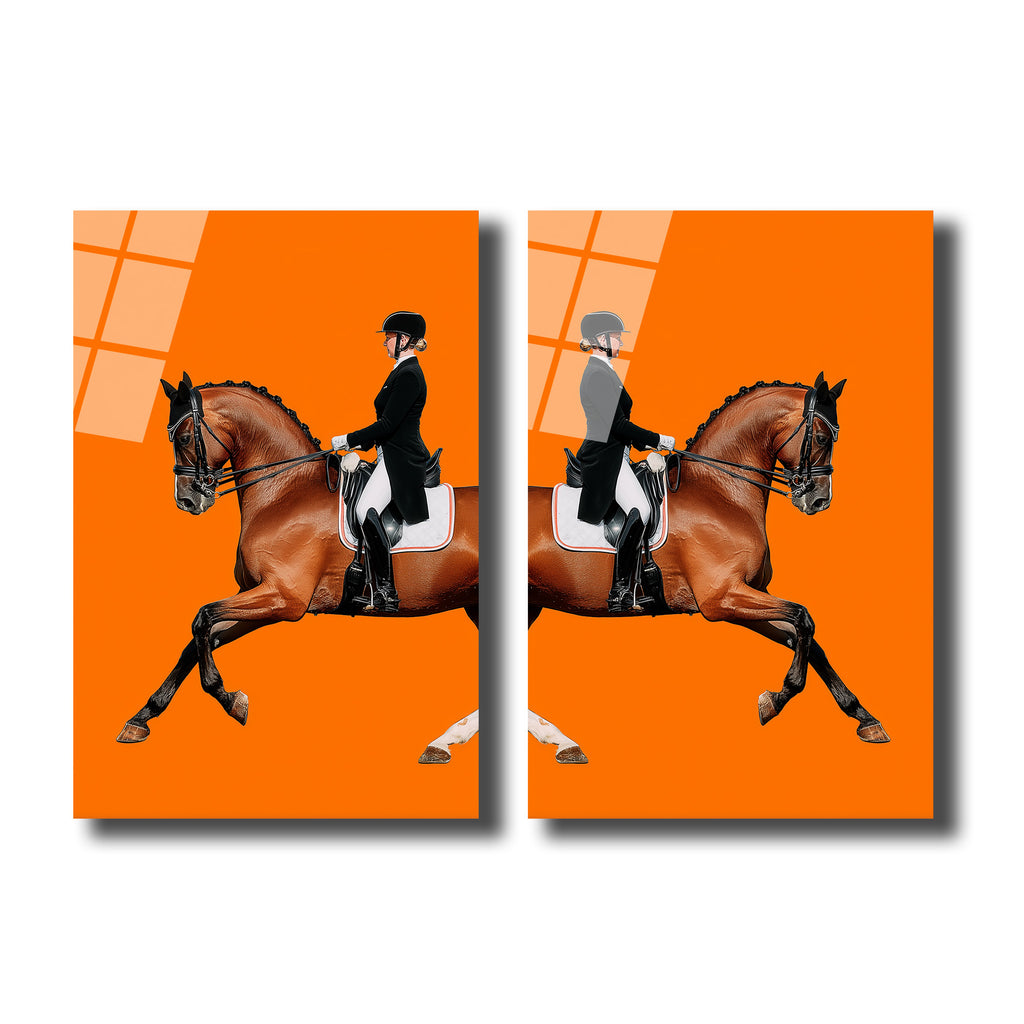 Dinamik At ve Binici Orange Cam Tablo