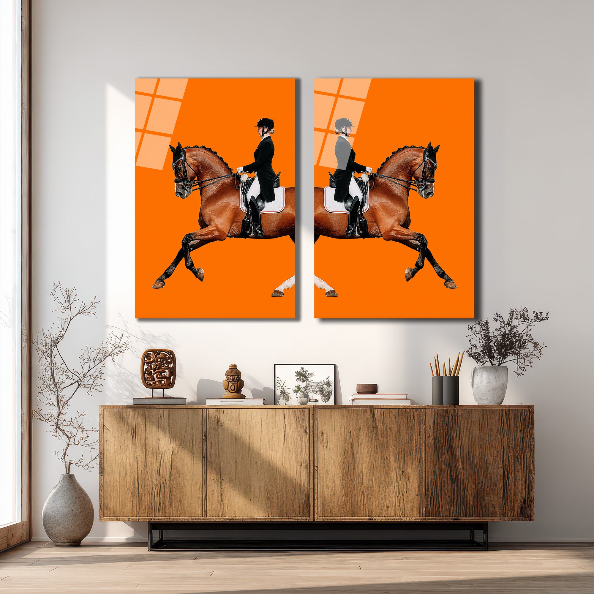 Dinamik At ve Binici Orange Cam Tablo