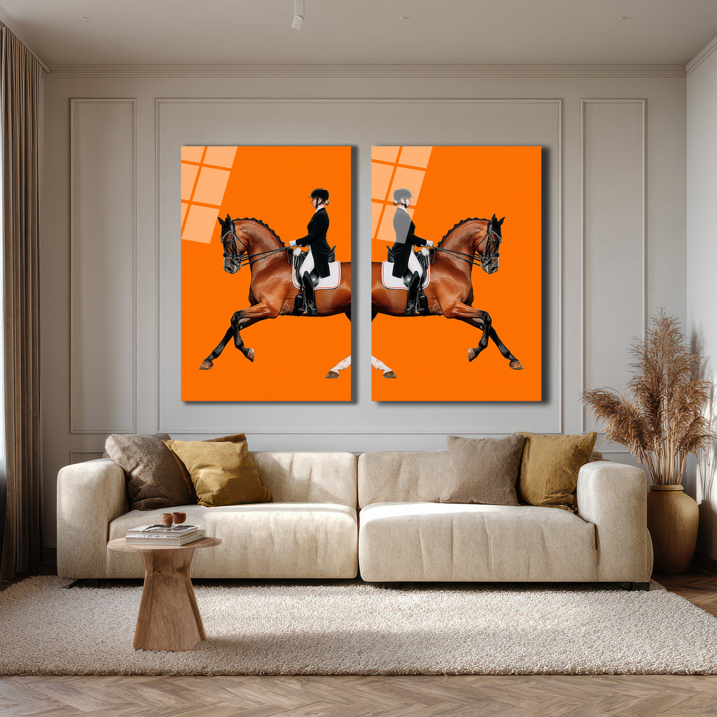 Dinamik At ve Binici Orange Cam Tablo