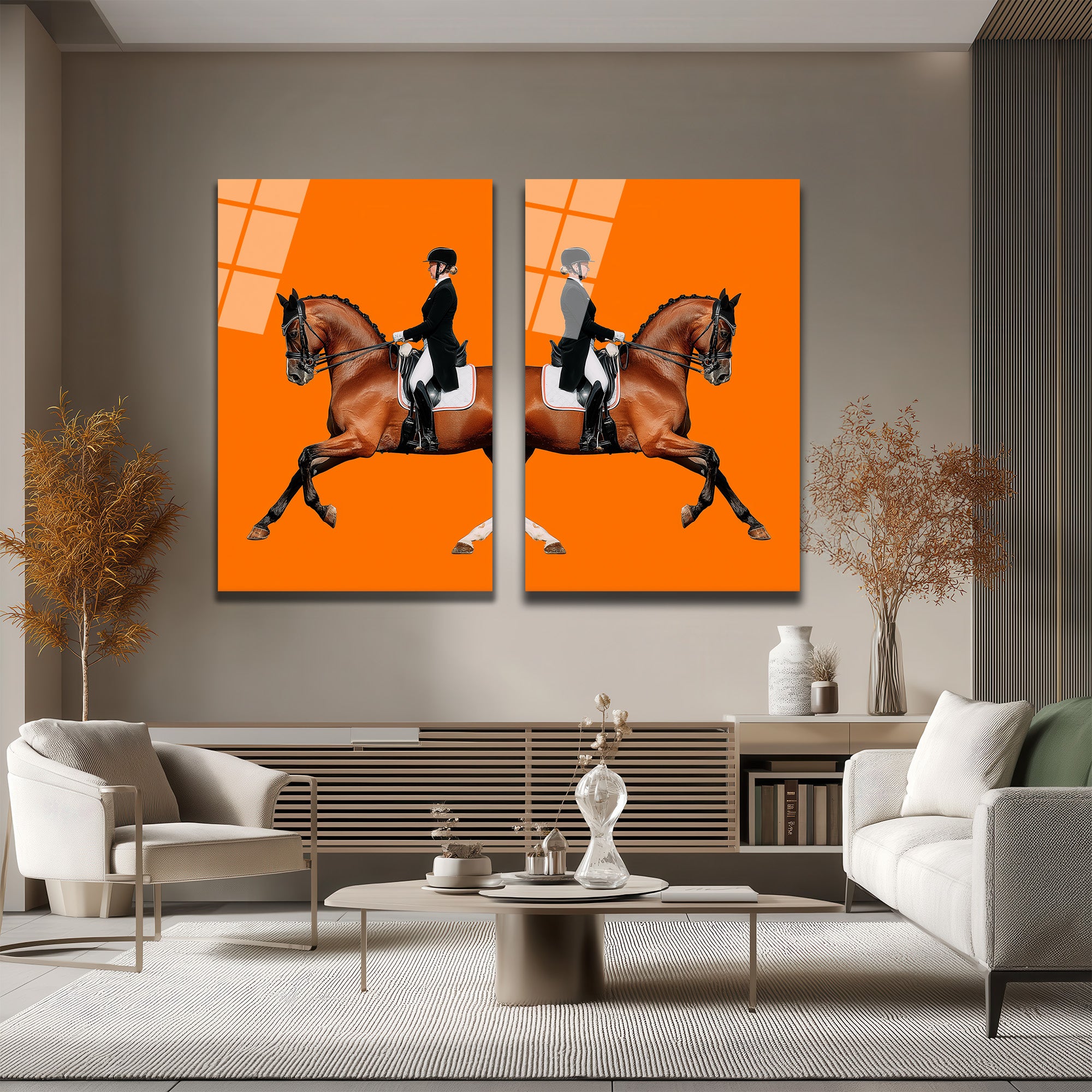 Dinamik At ve Binici Orange Cam Tablo