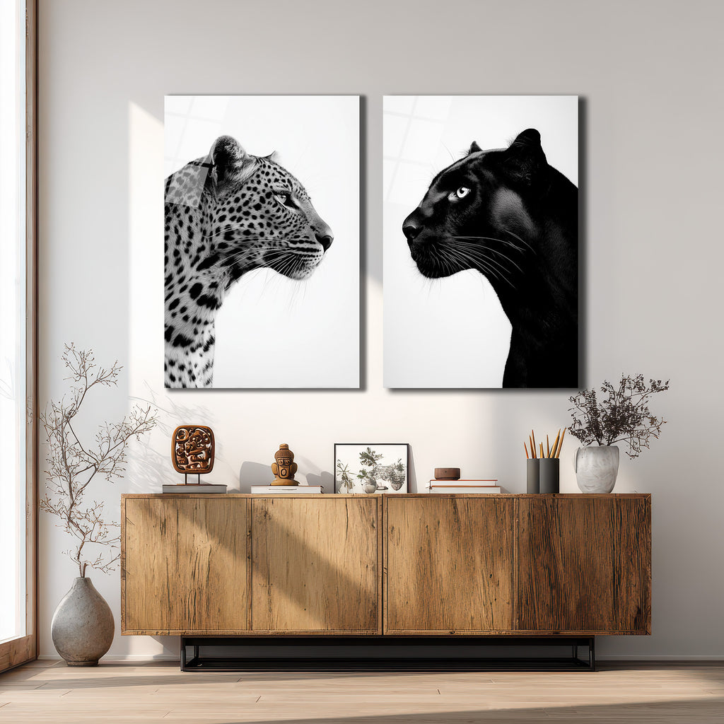 Vahşi İkili: Leopar ve Kara Panter Modern Cam Tablo Seti