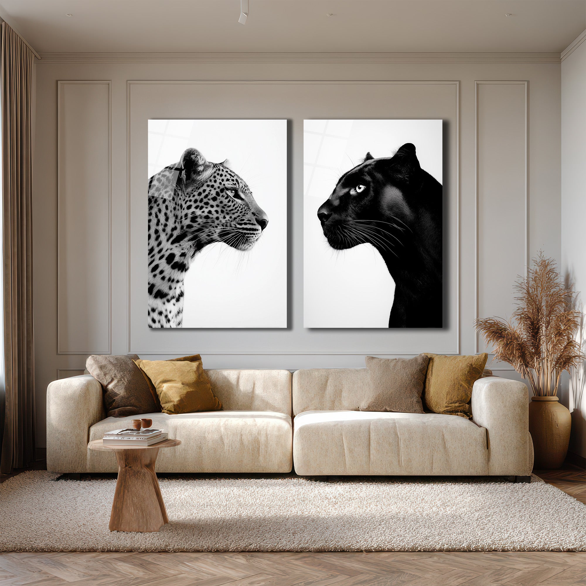 Vahşi İkili: Leopar ve Kara Panter Modern Cam Tablo Seti