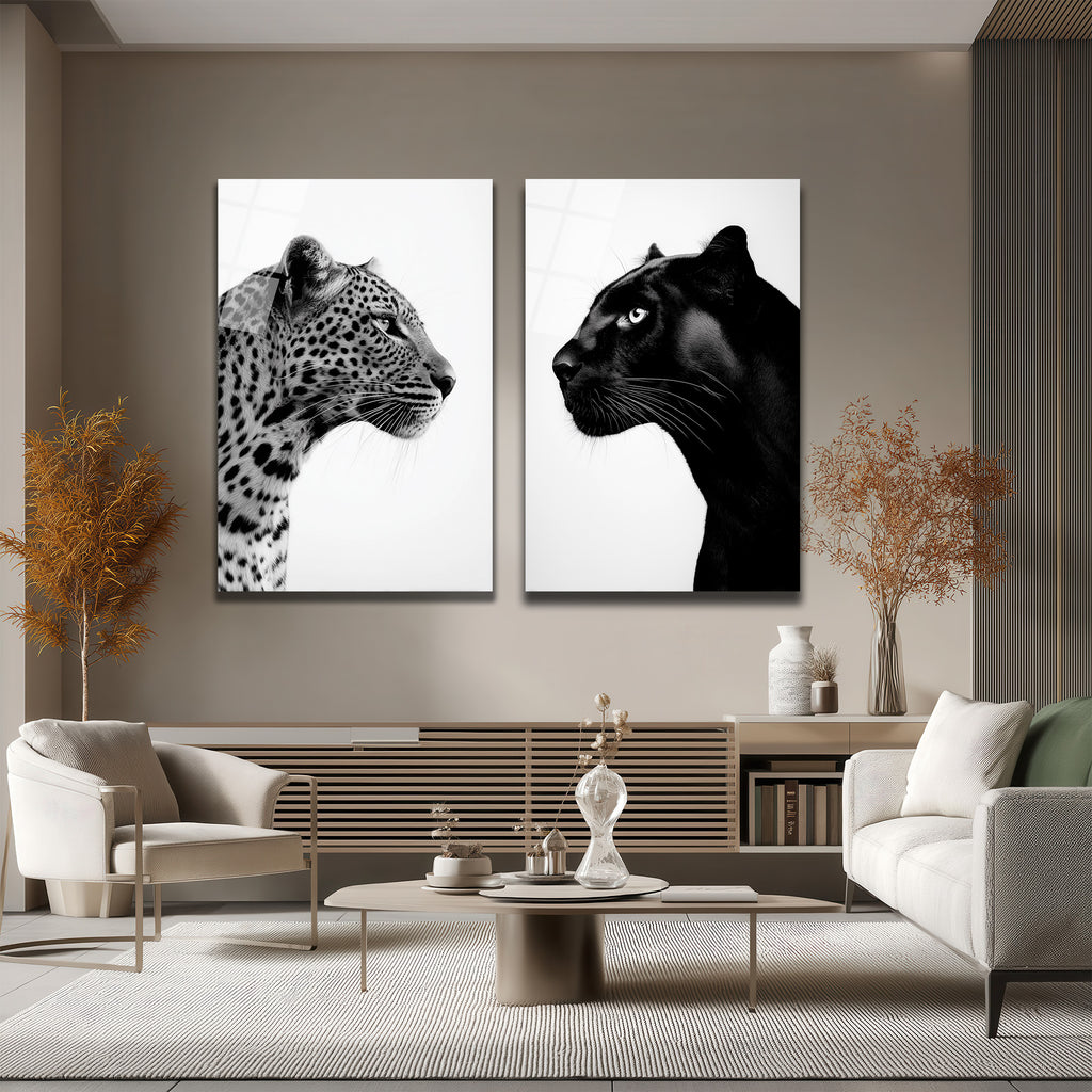 Vahşi İkili: Leopar ve Kara Panter Modern Cam Tablo Seti