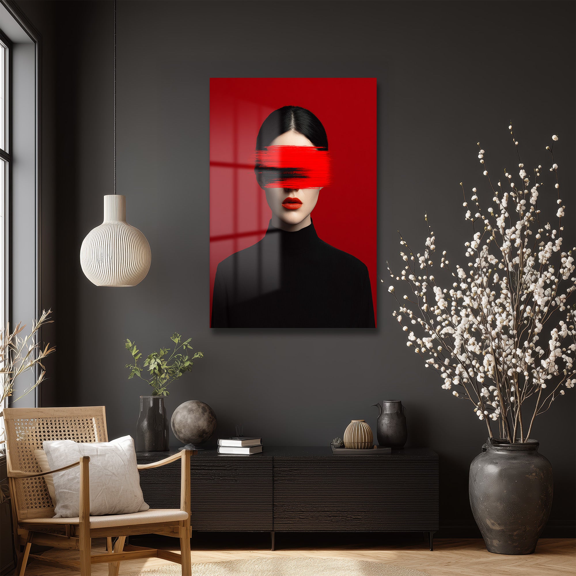 Kırmızı Fırça Darbesi Gözlü Kadın Cam Tablo | Modern Sanat Duvar Dekoru