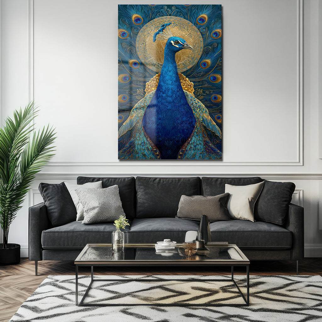 Görkemli Tavus Kuşu Altın Detaylı Sanat Cam Tablo