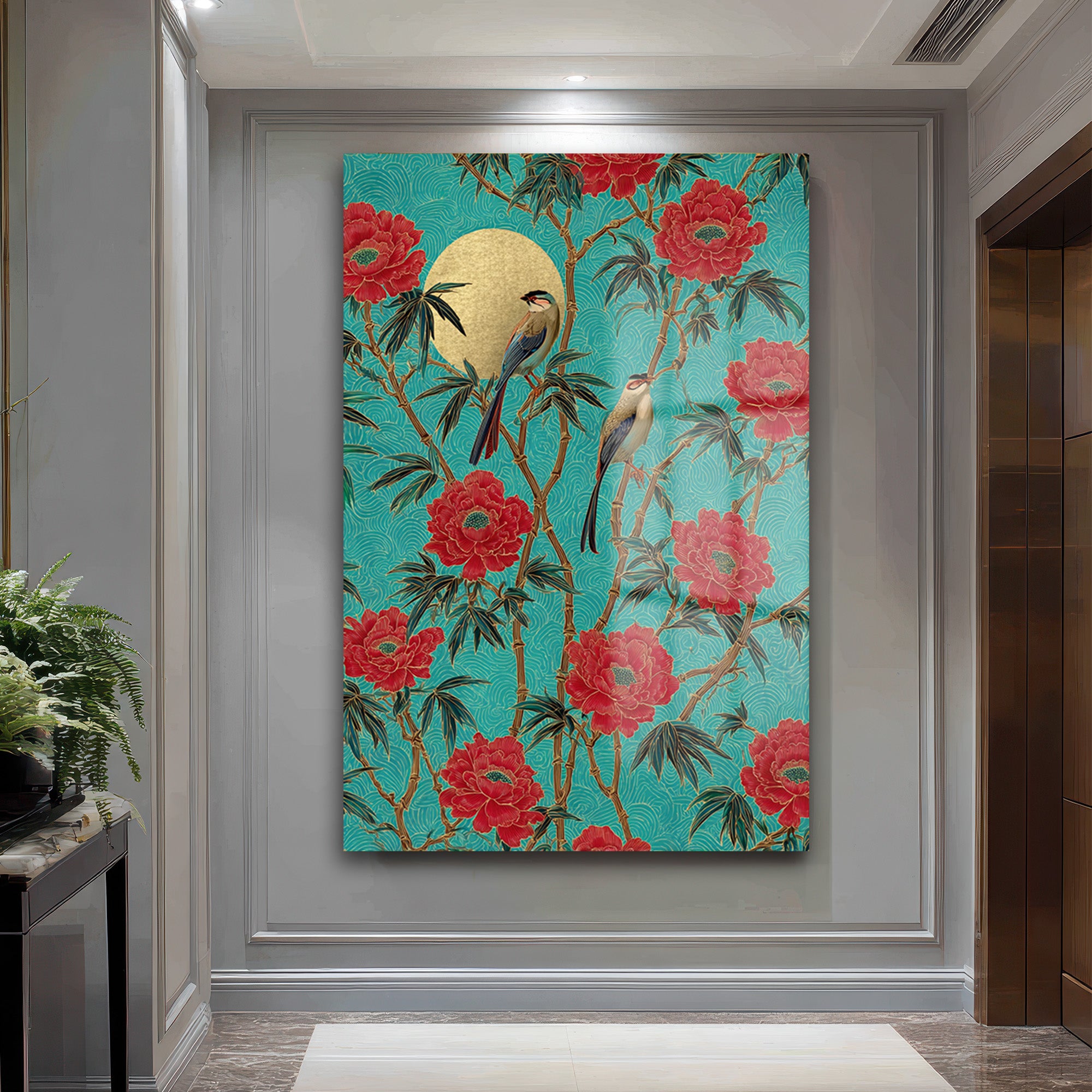 Altın Güneşli Peony ve Kuşlar Cam Tablo Uzakdoğu Esintisi
