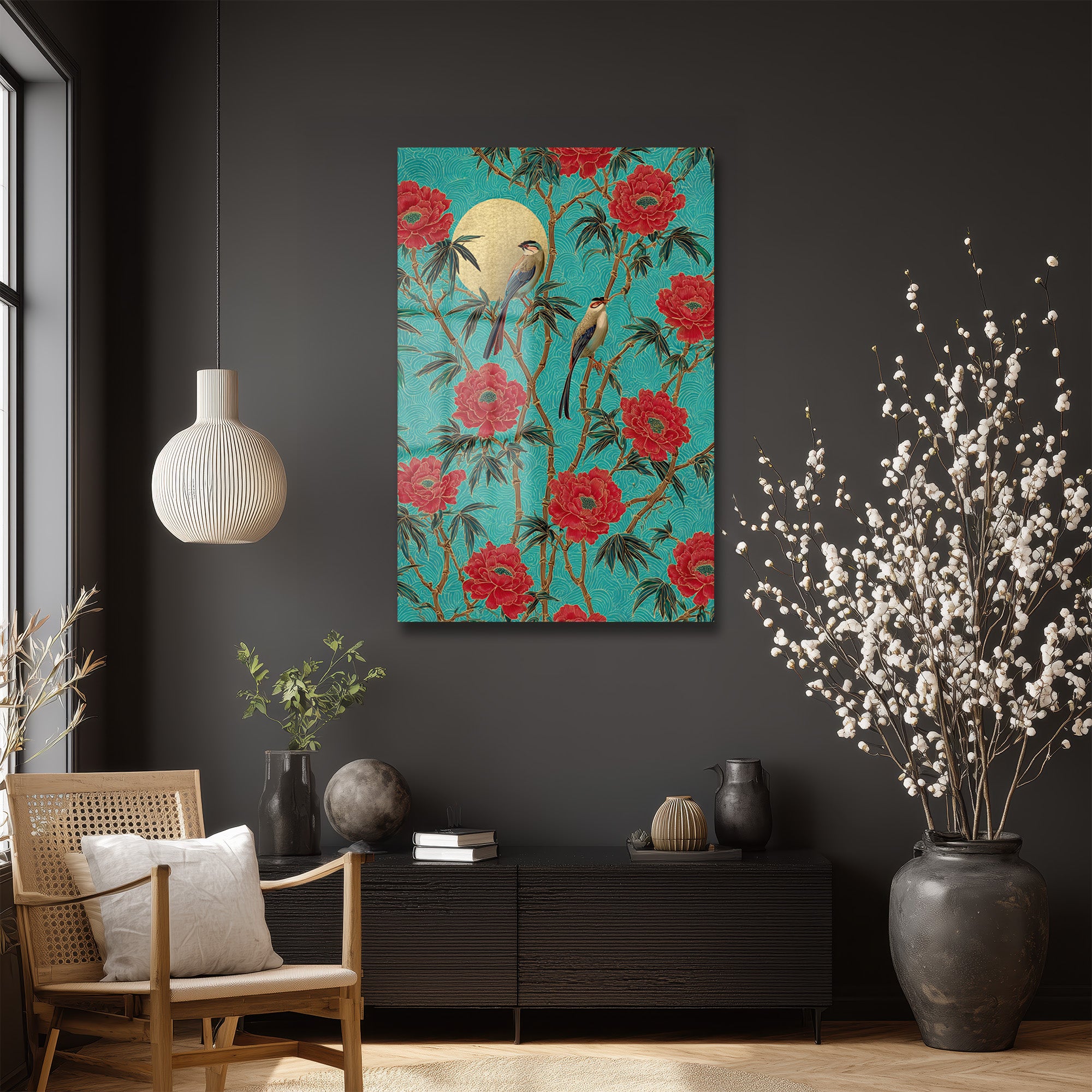 Altın Güneşli Peony ve Kuşlar Cam Tablo Uzakdoğu Esintisi