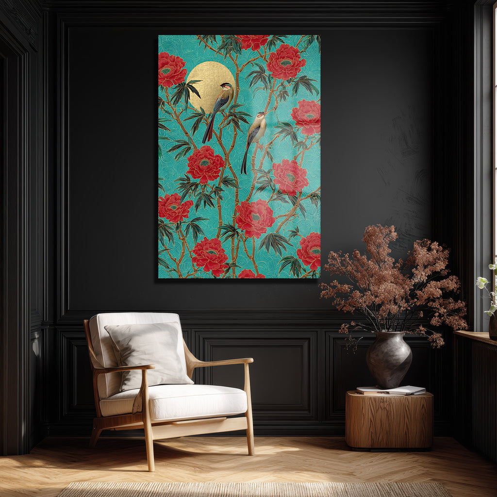 Altın Güneşli Peony ve Kuşlar Cam Tablo Uzakdoğu Esintisi