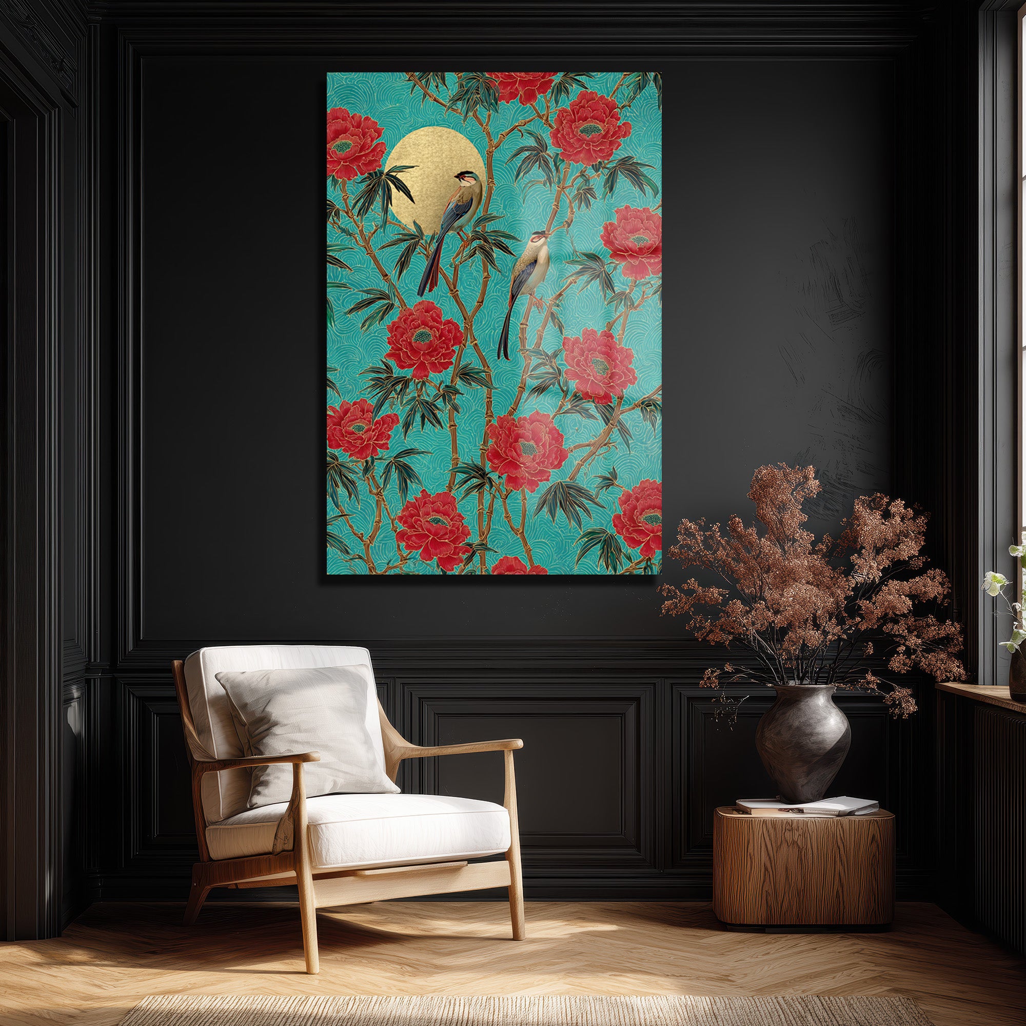 Altın Güneşli Peony ve Kuşlar Cam Tablo Uzakdoğu Esintisi