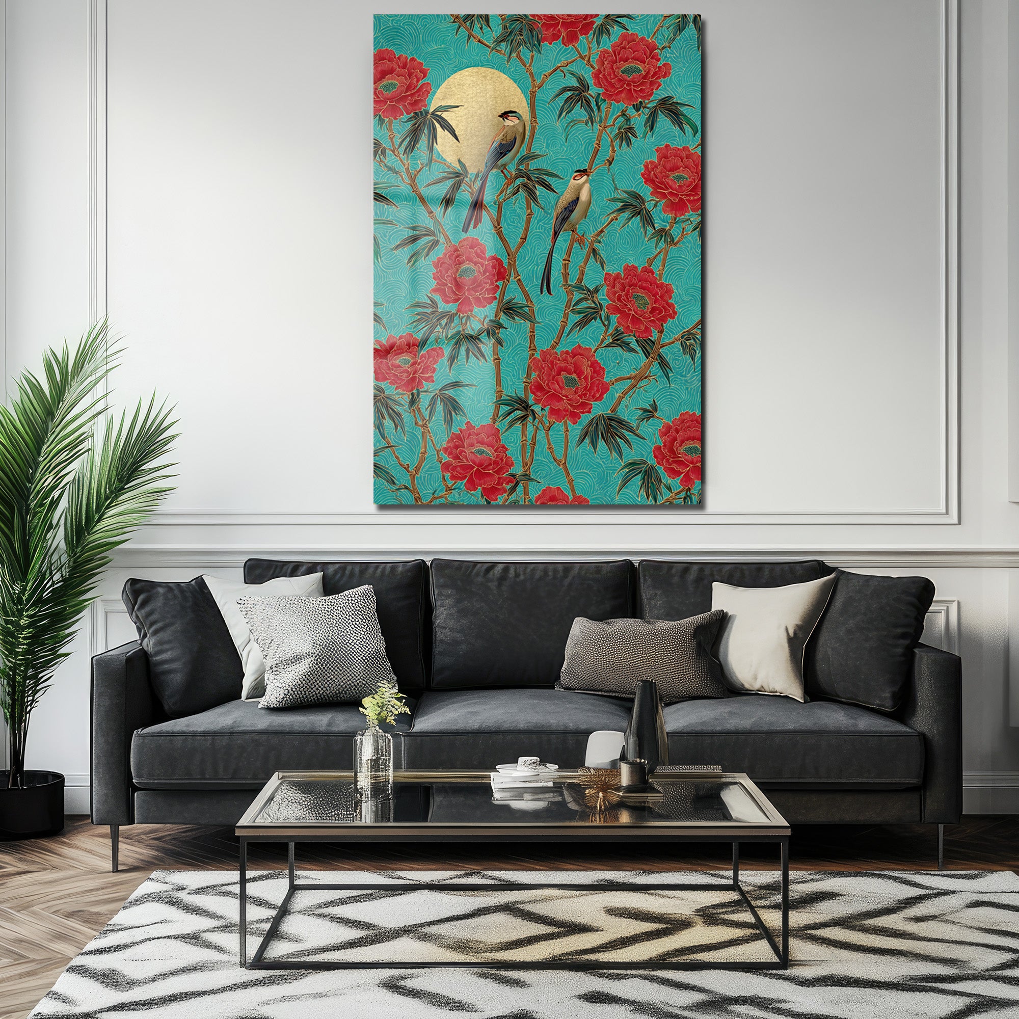 Altın Güneşli Peony ve Kuşlar Cam Tablo Uzakdoğu Esintisi