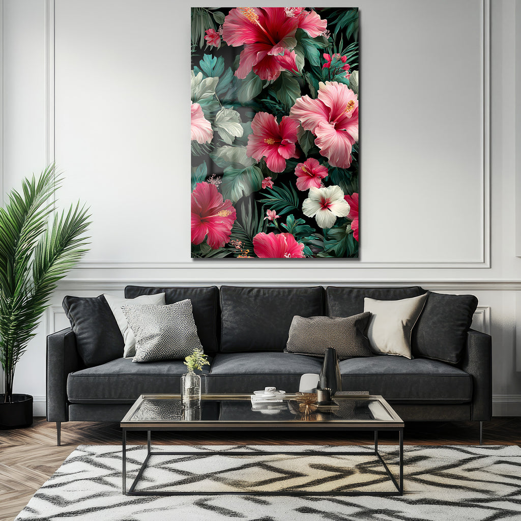 Tropik Hibiskus Çiçekleri Cam Tablo - Canlı Renklerle Duvar Sanatı