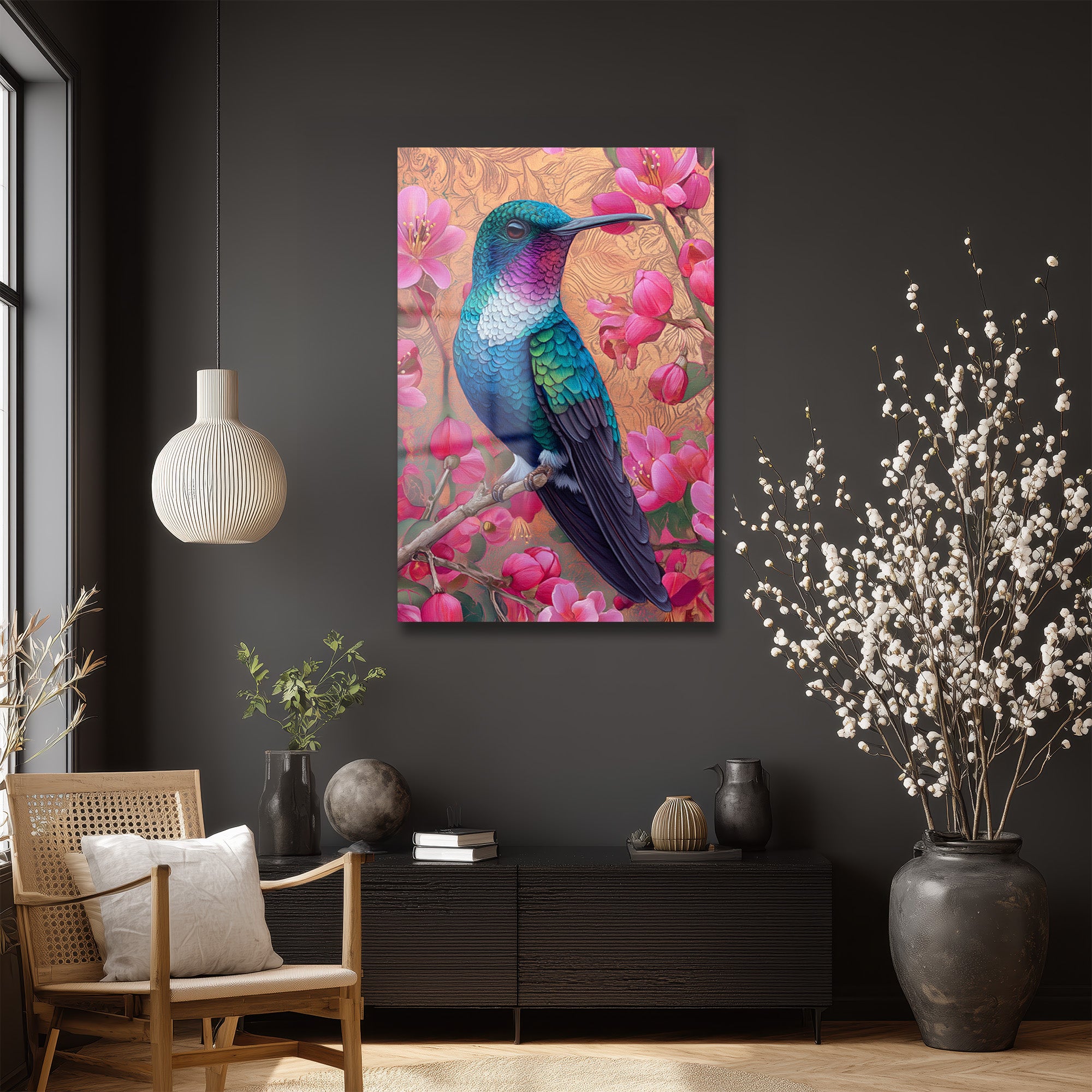 Canlı Kolibri ve Pembe Çiçekler Cam Tablo - Bahar Esintisi