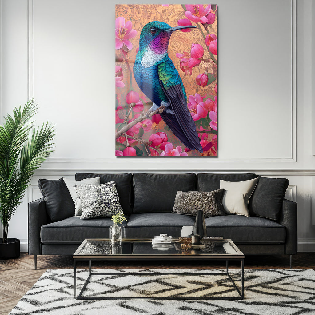 Canlı Kolibri ve Pembe Çiçekler Cam Tablo - Bahar Esintisi