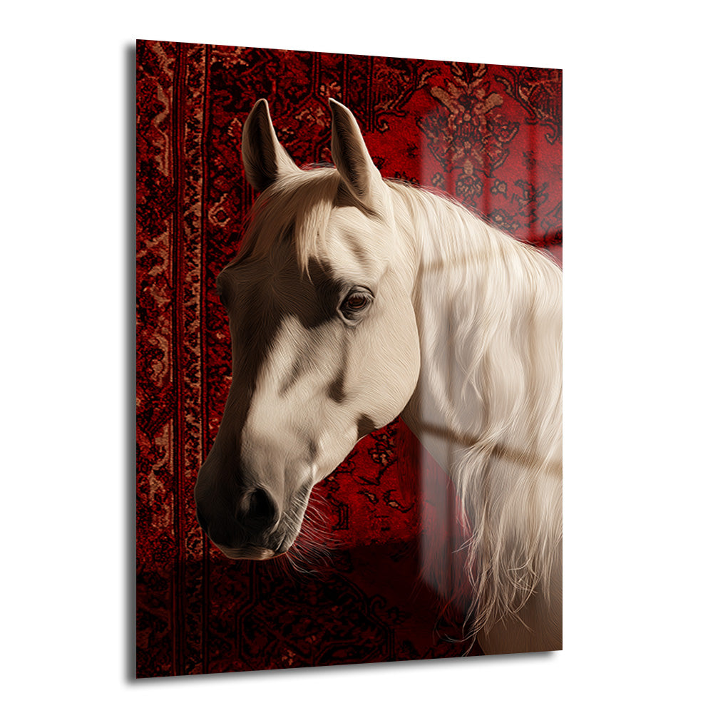 Koyu kırmızı, geleneksel desenli bir halı önünde duran, açık renkli tüylere sahip, zarif ve asil bir atın baş portresi. Atın yüzünde ışık ve gölge geçişleri, bakışlarında derinlik hissediliyor. Cam tablo için görsel açıklama.