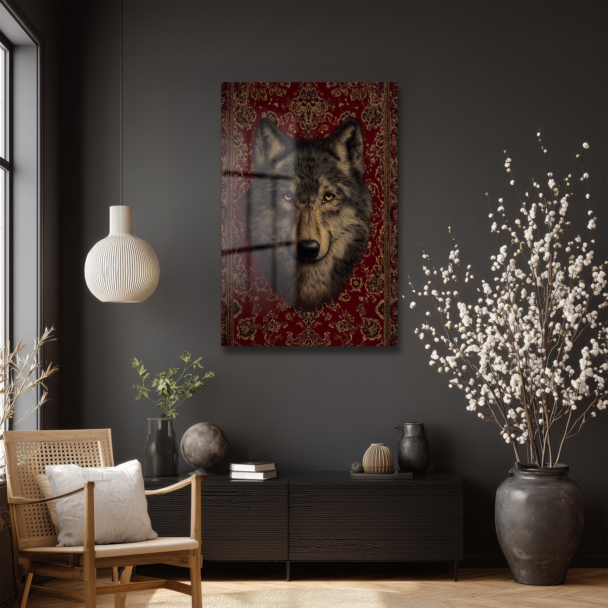 Asil Kurt ve Oriental Desenler Cam Tablo