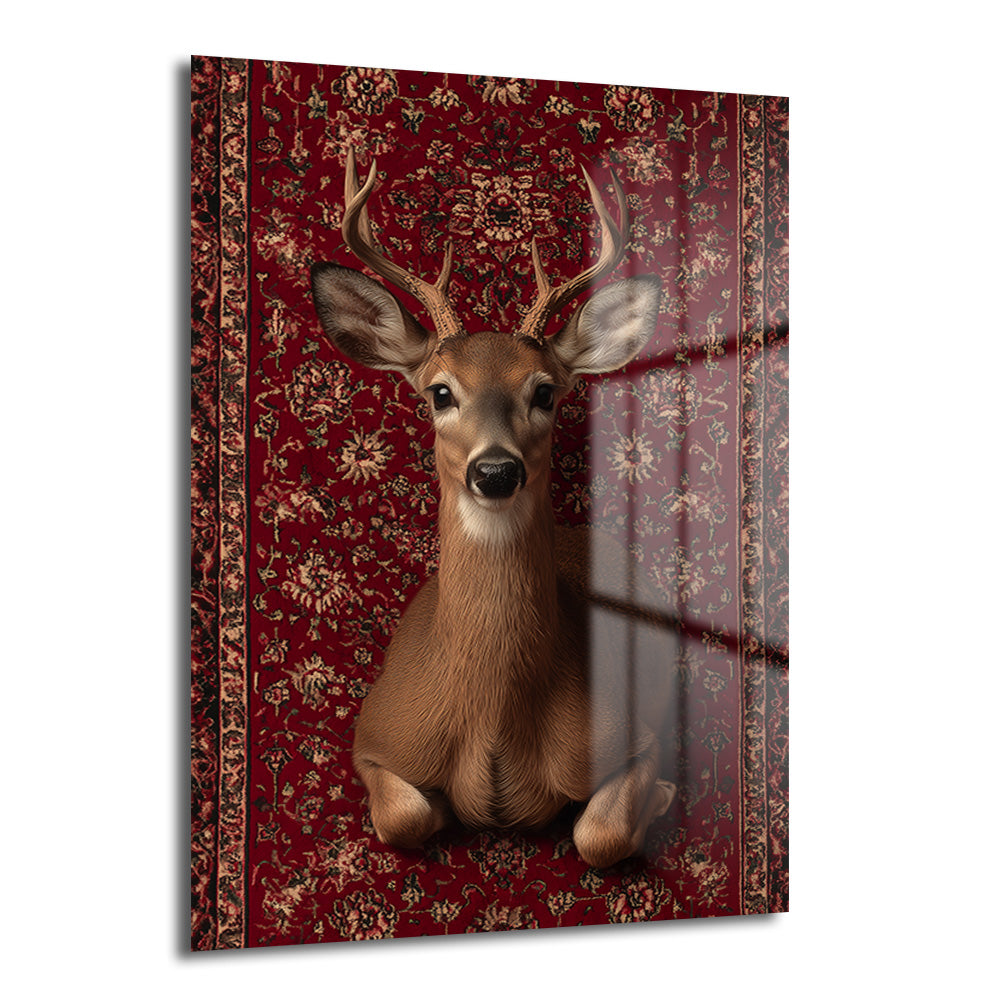 Kızıl renkli, oryantal desenli bir halıdan fırlayan kahverengi tüylü ve boynuzlu geyik figürünün bulunduğu sanatsal cam tablo.