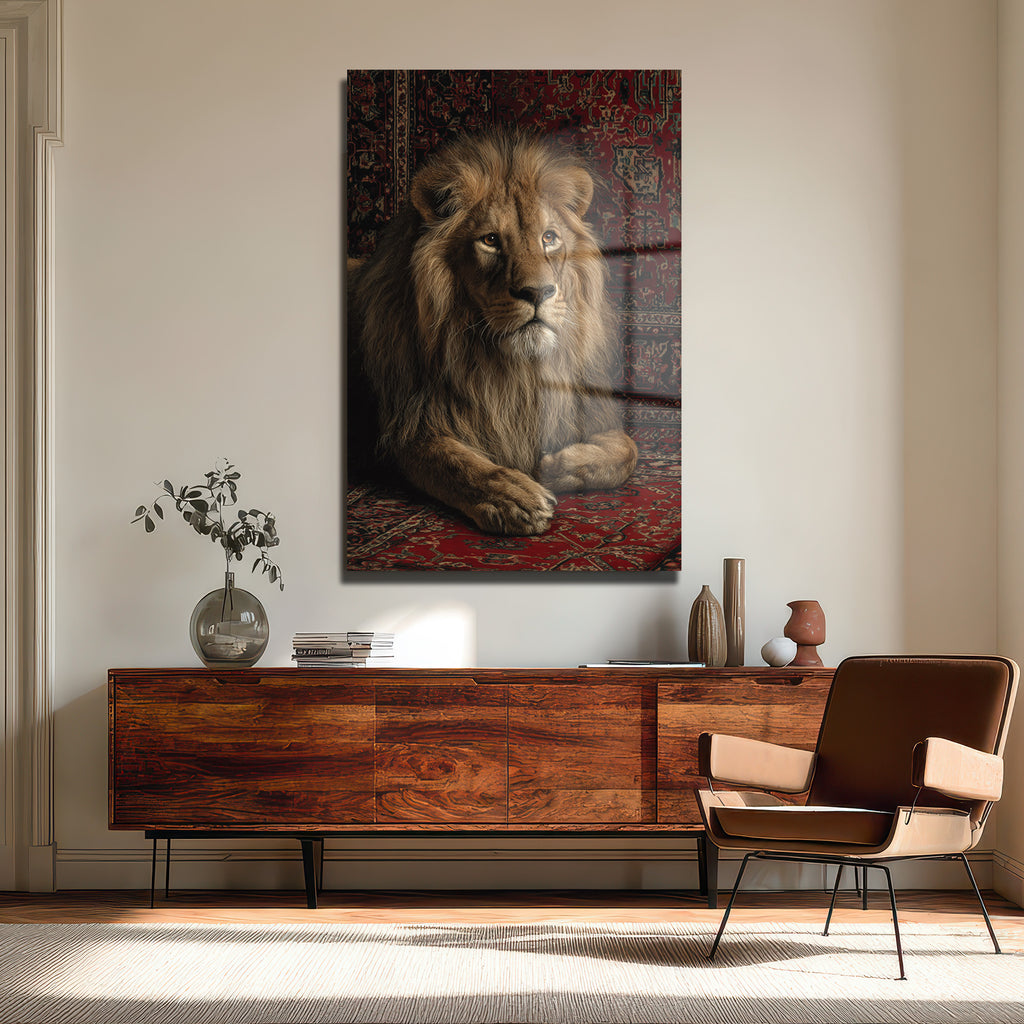 Regal Aslan Kırmızı Halı Cam Tablo - Royal İhtişam
