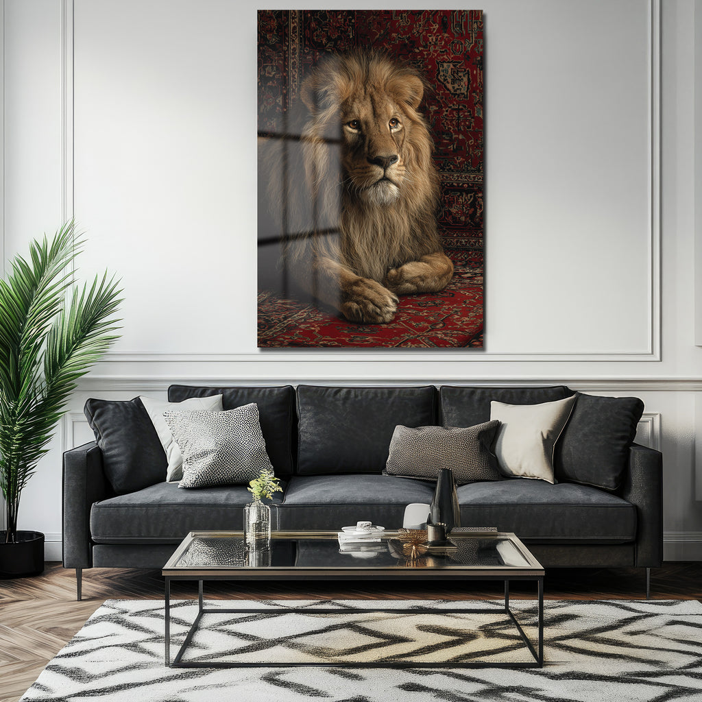 Regal Aslan Kırmızı Halı Cam Tablo - Royal İhtişam