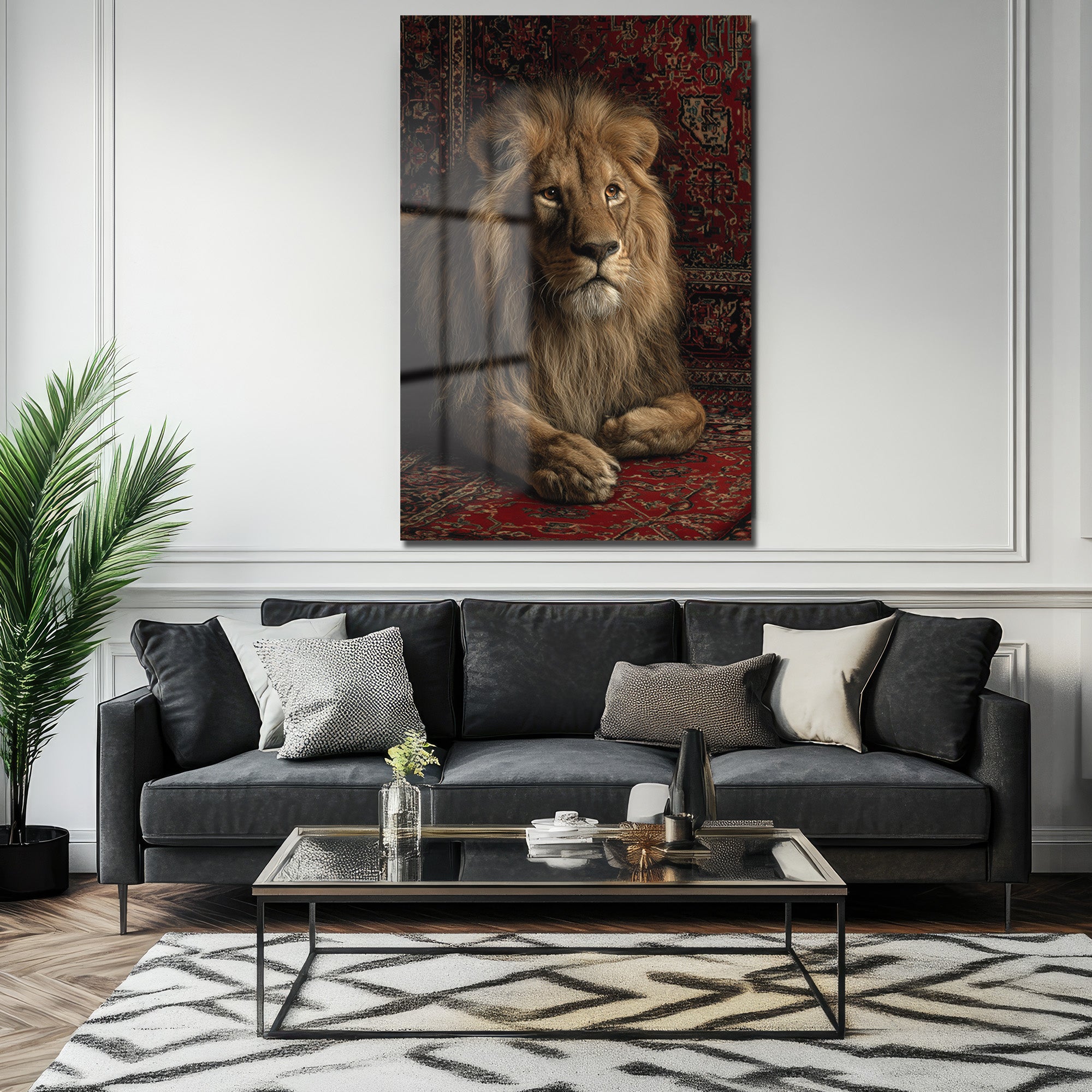 Regal Aslan Kırmızı Halı Cam Tablo - Royal İhtişam