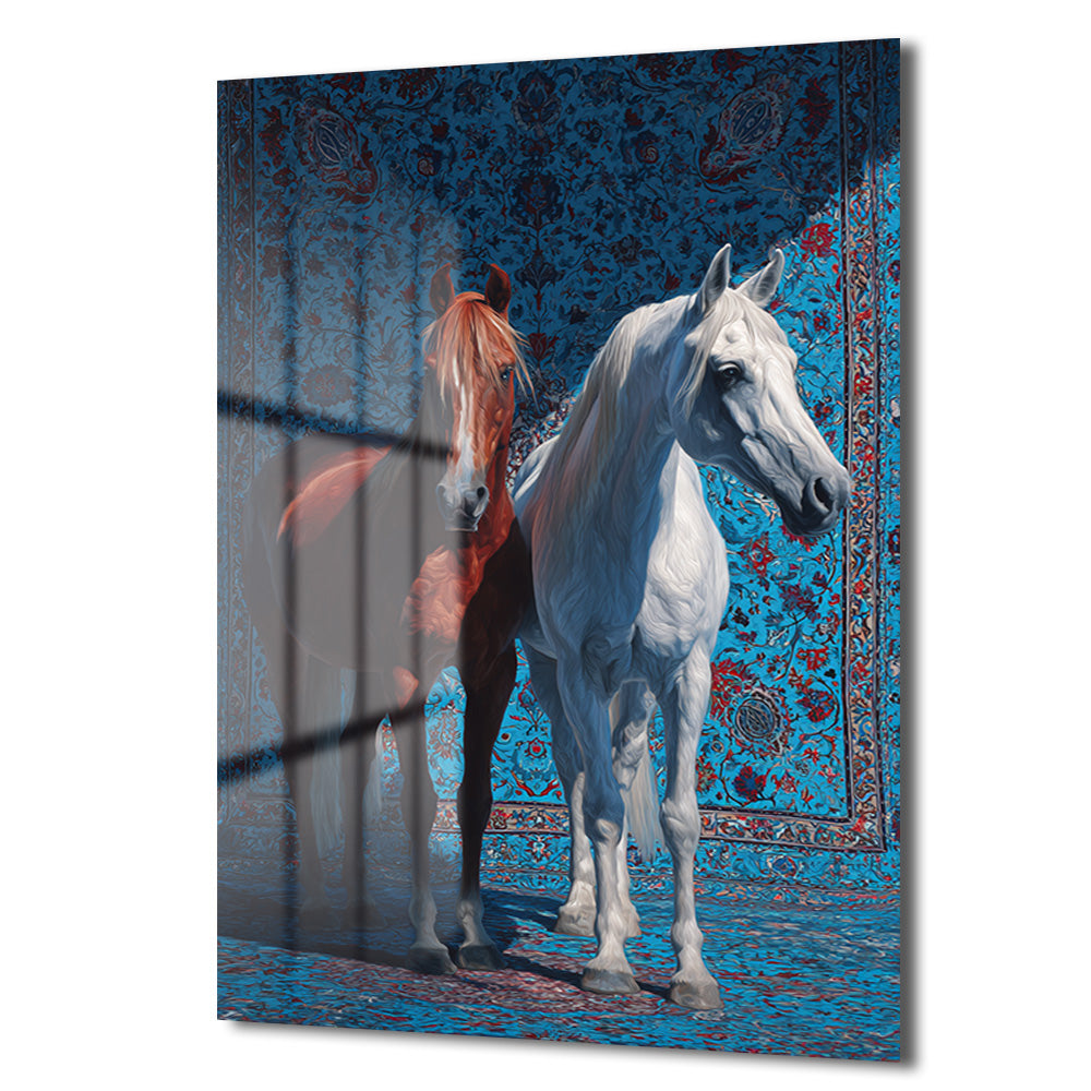Asil Atlar ve Mavi Halı Desenli Cam Tablo - Glazella Sanat