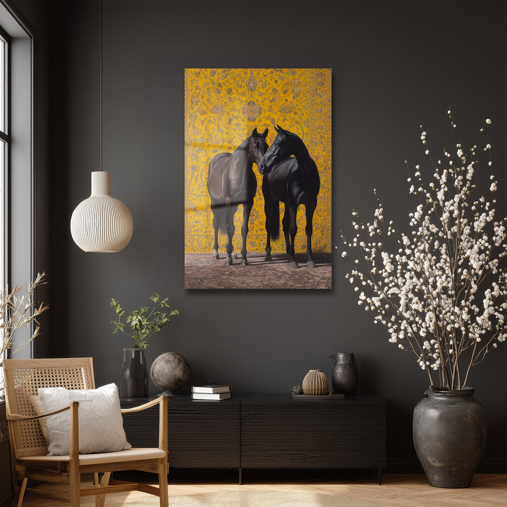 Asil Atlar ve Sarı Desenler Temalı Cam Tablo