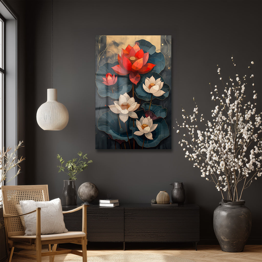 Asil Lotus Çiçekleri Cam Tablo - Zarafet ve Huzur