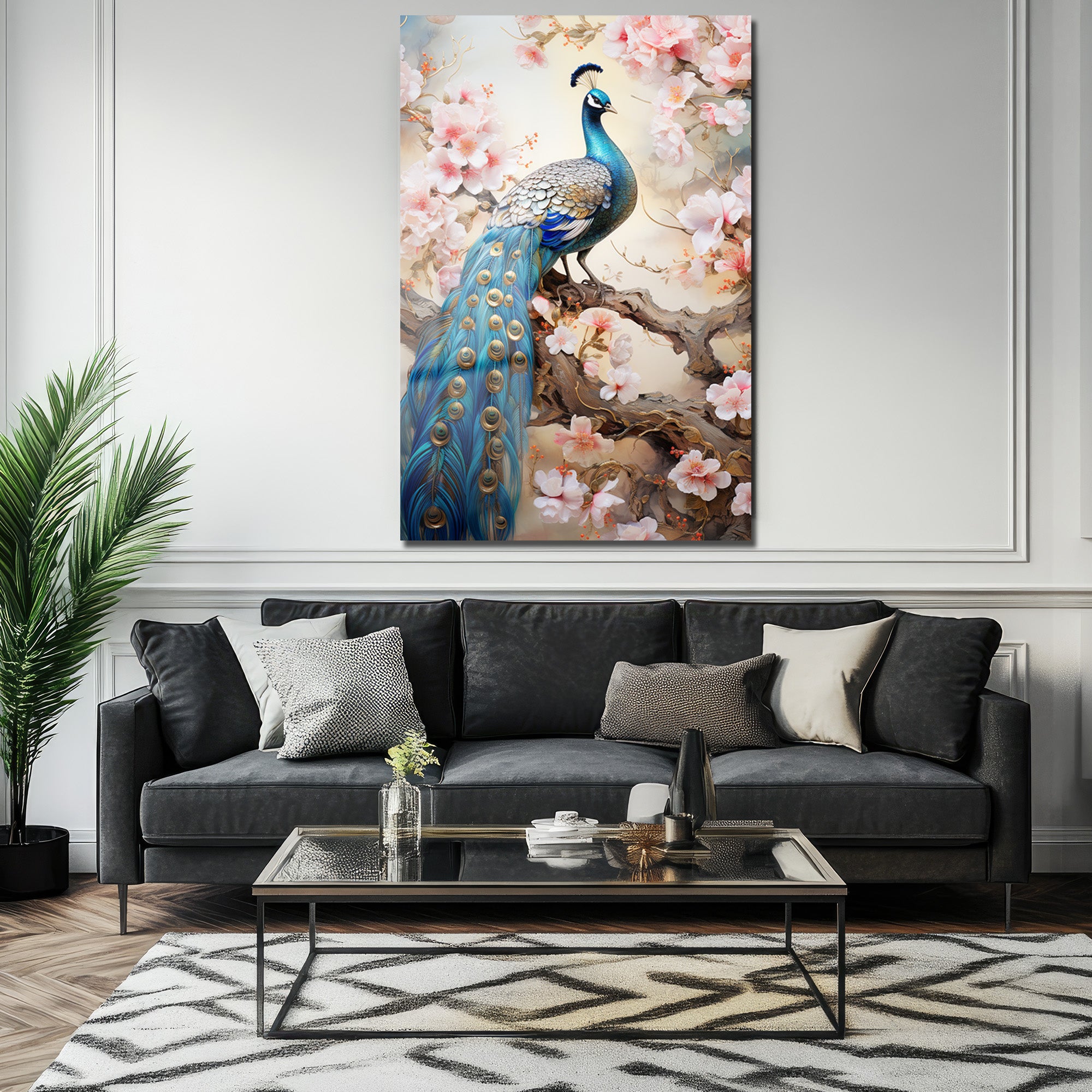 Zarif Tavus Kuşu ve Kiraz Çiçekleri Cam Tablo | Glazella Sanat