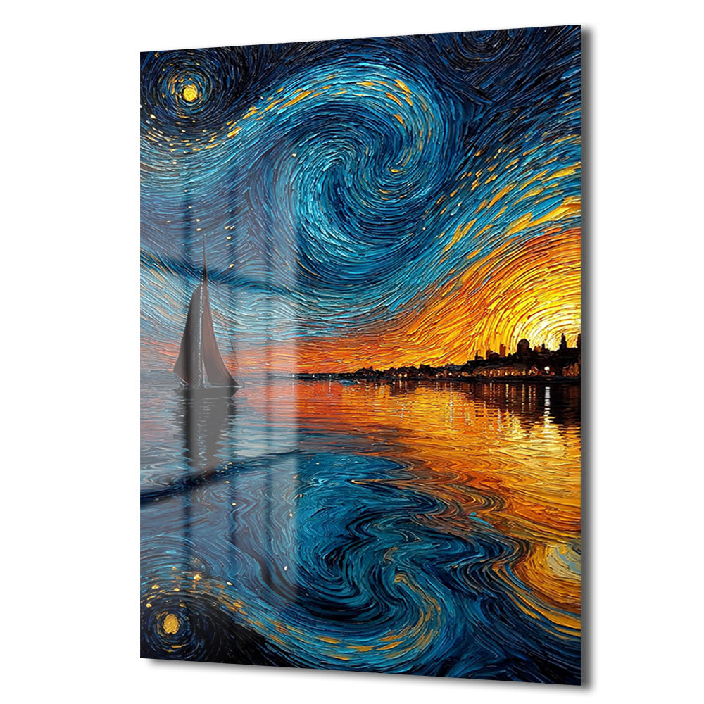 Van Gogh Tarzı Yelkenli ve Yıldızlı Gökyüzü Cam Tablo