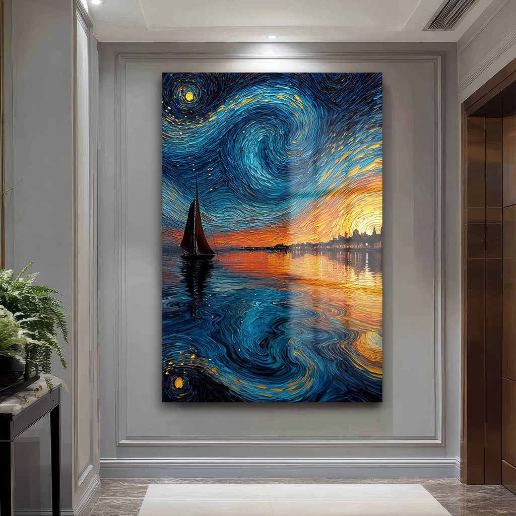 Van Gogh Tarzı Yelkenli ve Yıldızlı Gökyüzü Cam Tablo