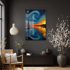 Van Gogh Tarzı Yelkenli ve Yıldızlı Gökyüzü Cam Tablo