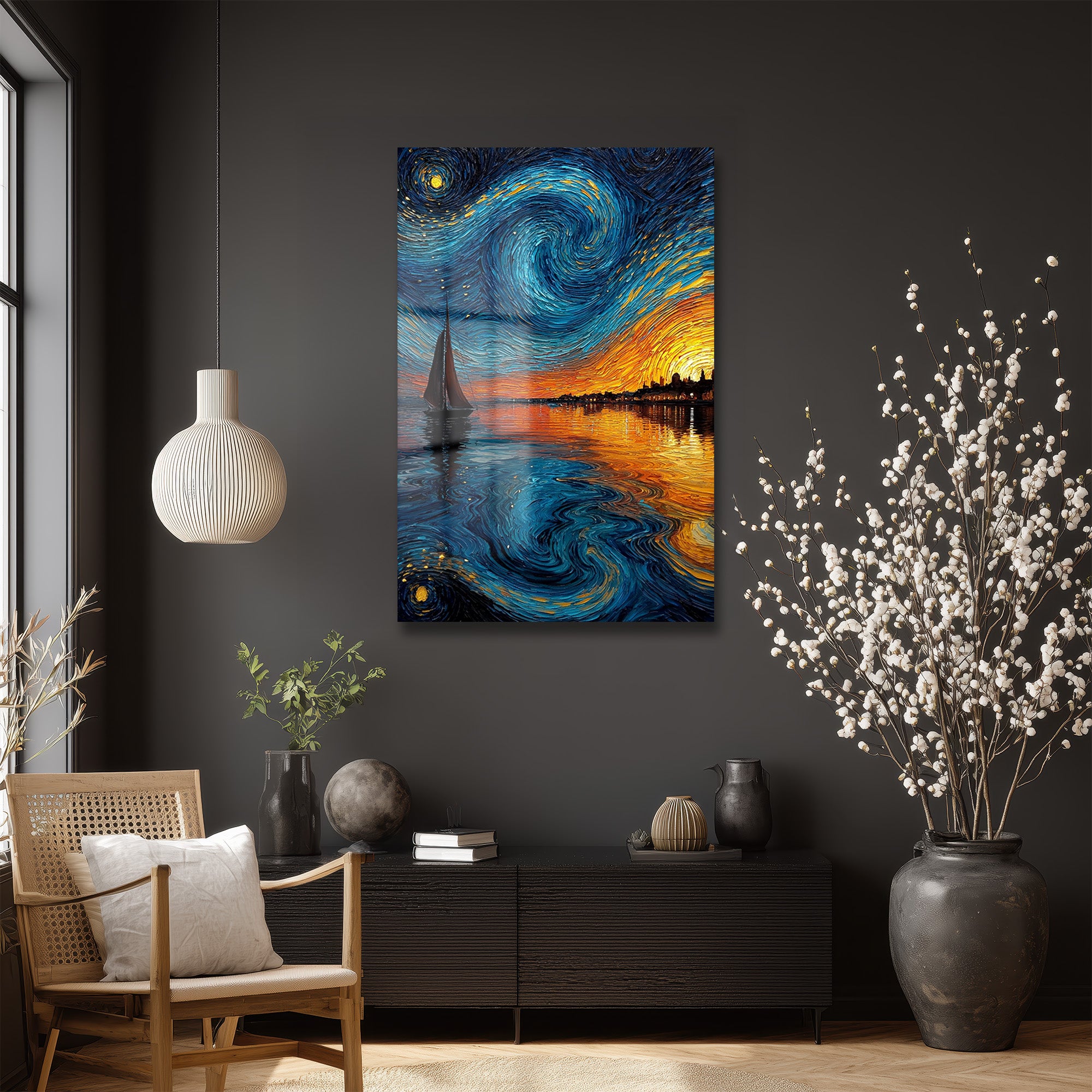 Van Gogh Tarzı Yelkenli ve Yıldızlı Gökyüzü Cam Tablo