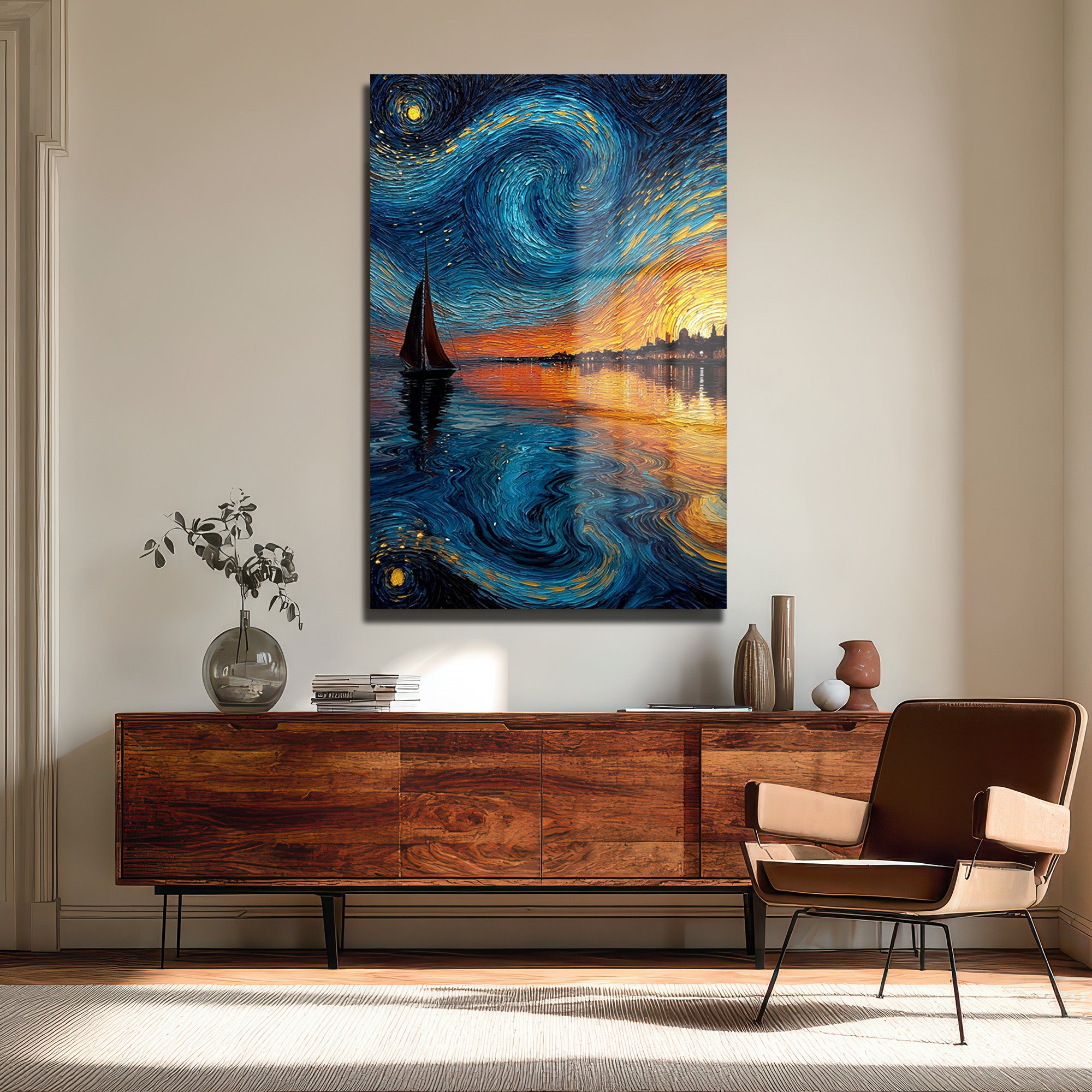 Van Gogh Tarzı Yelkenli ve Yıldızlı Gökyüzü Cam Tablo