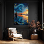 Van Gogh Tarzı Yelkenli ve Yıldızlı Gökyüzü Cam Tablo