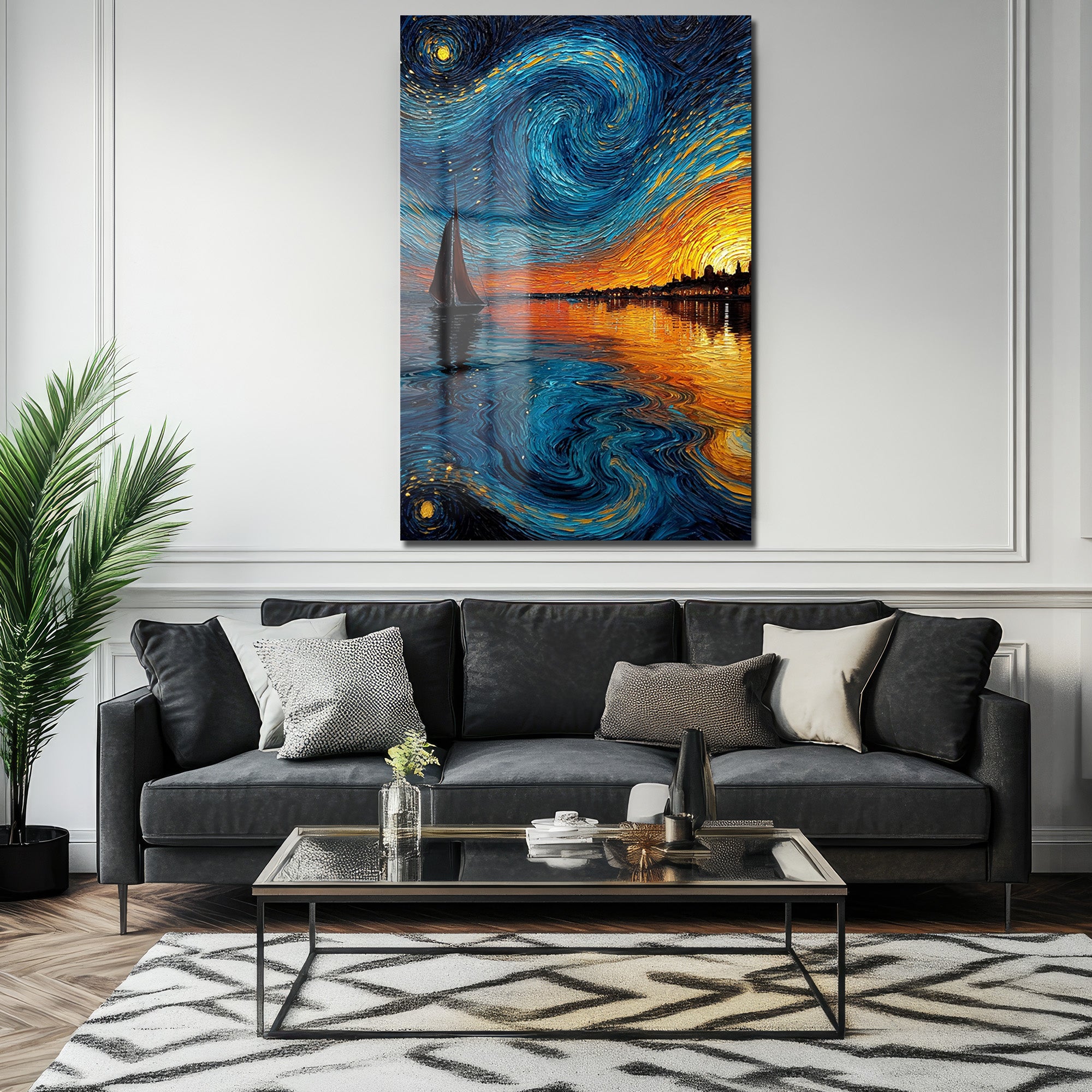 Van Gogh Tarzı Yelkenli ve Yıldızlı Gökyüzü Cam Tablo