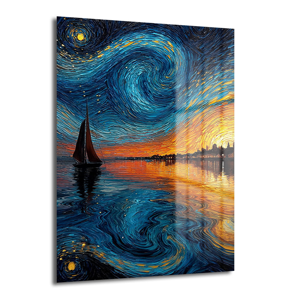 Van Gogh'un Yıldızlı Gece tablosundan esinlenilmiş, girdaplı mavi ve turuncu gökyüzünün altında bir yelkenlinin sakin sular üzerinde süzüldüğü, ufukta şehir silüetinin belirdiği parıltılı cam tablo.
