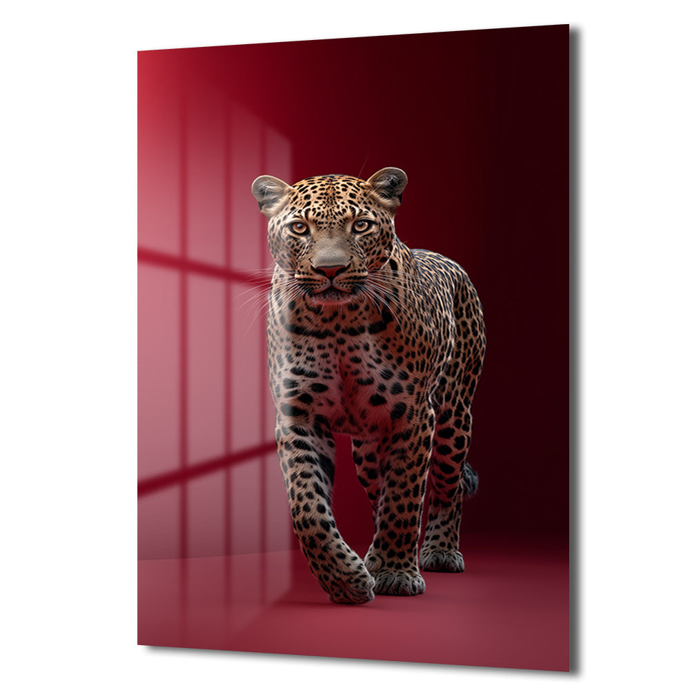 Asil Leopar Kırmızı Fon Cam Tablo