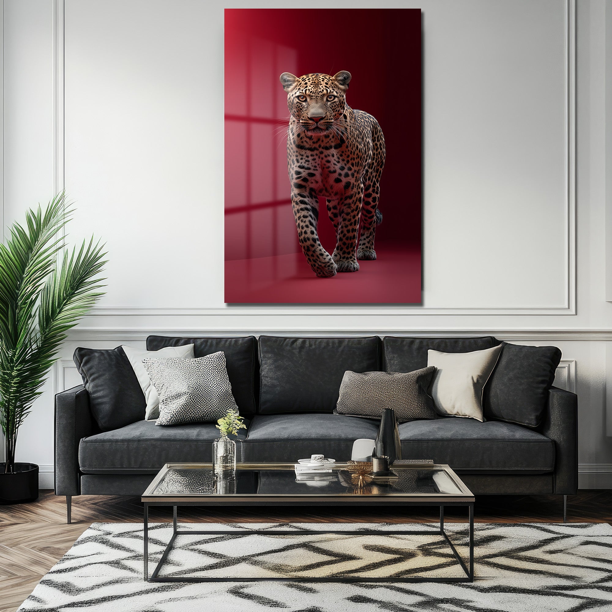 Asil Leopar Kırmızı Fon Cam Tablo