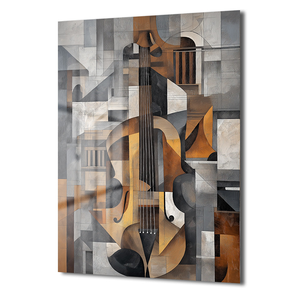 Kübist Cello Sanatı Cam Tablo - Modern Müzik ve Geometri
