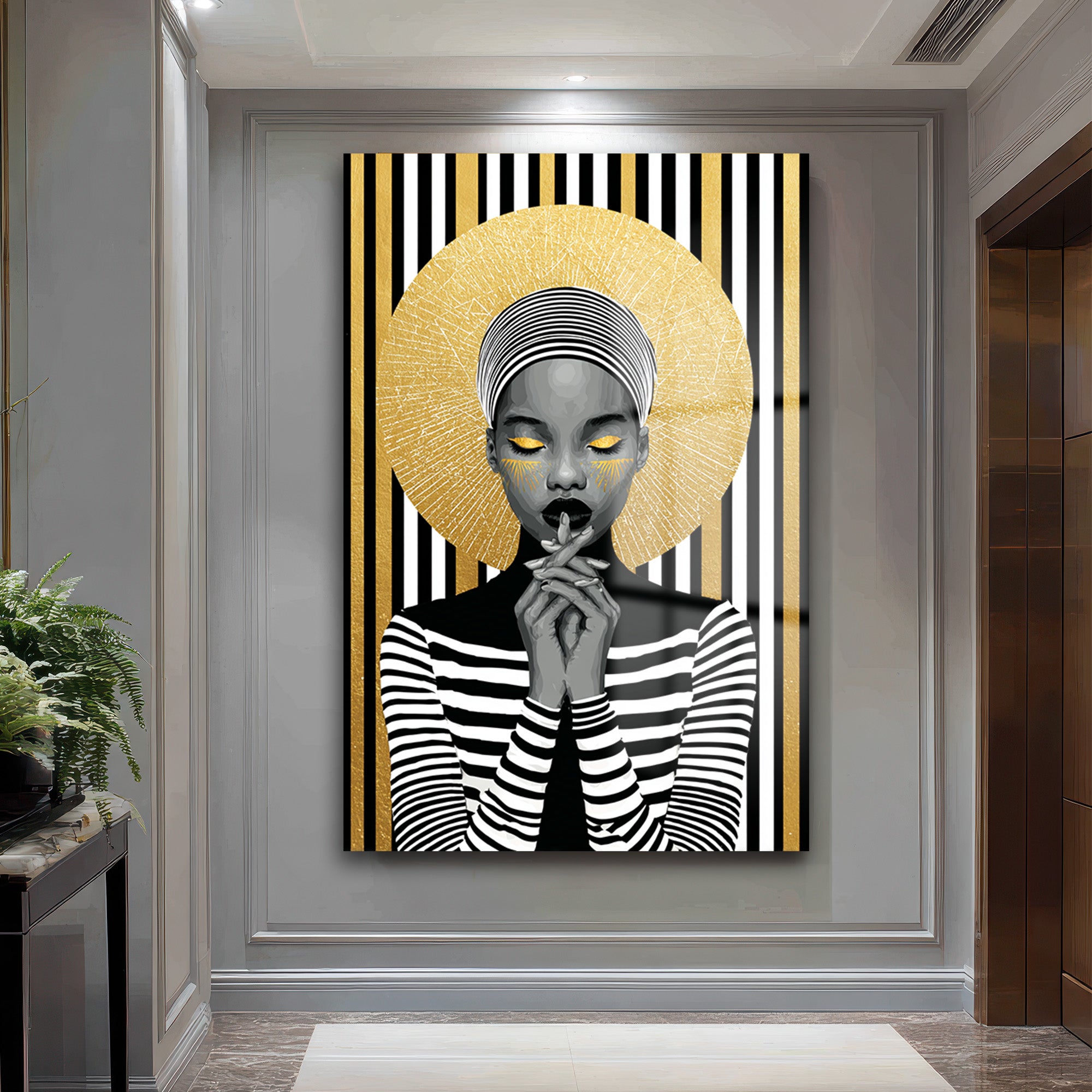Asil Kadın Altın Işıltılı Modern Sanat Cam Tablo
