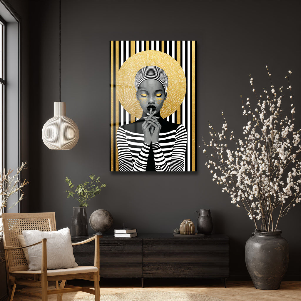 Asil Kadın Altın Işıltılı Modern Sanat Cam Tablo