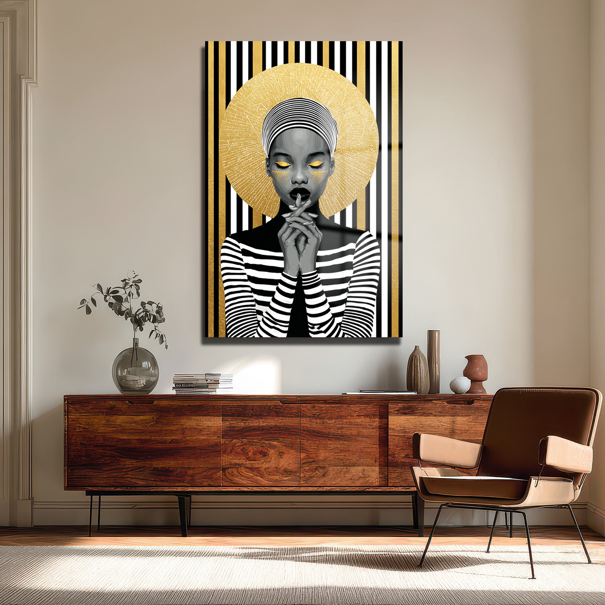 Asil Kadın Altın Işıltılı Modern Sanat Cam Tablo