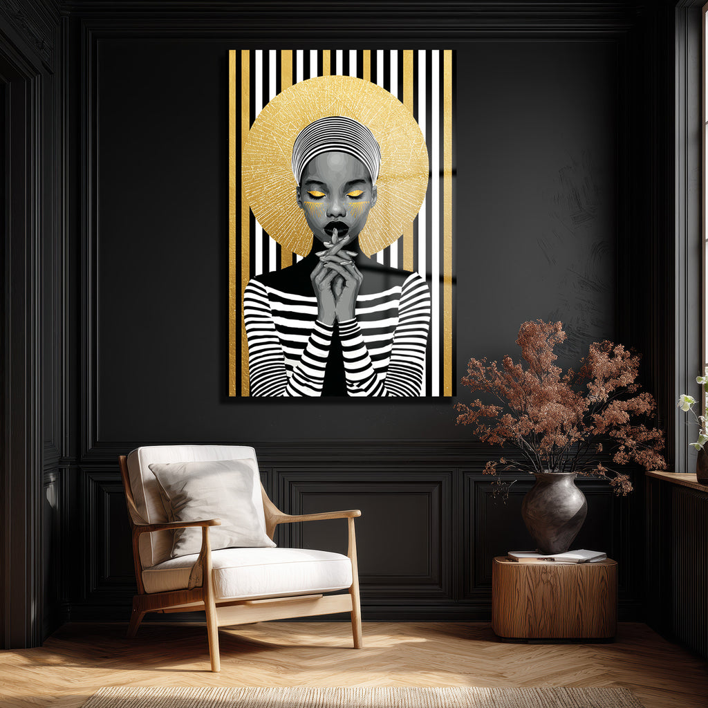 Asil Kadın Altın Işıltılı Modern Sanat Cam Tablo