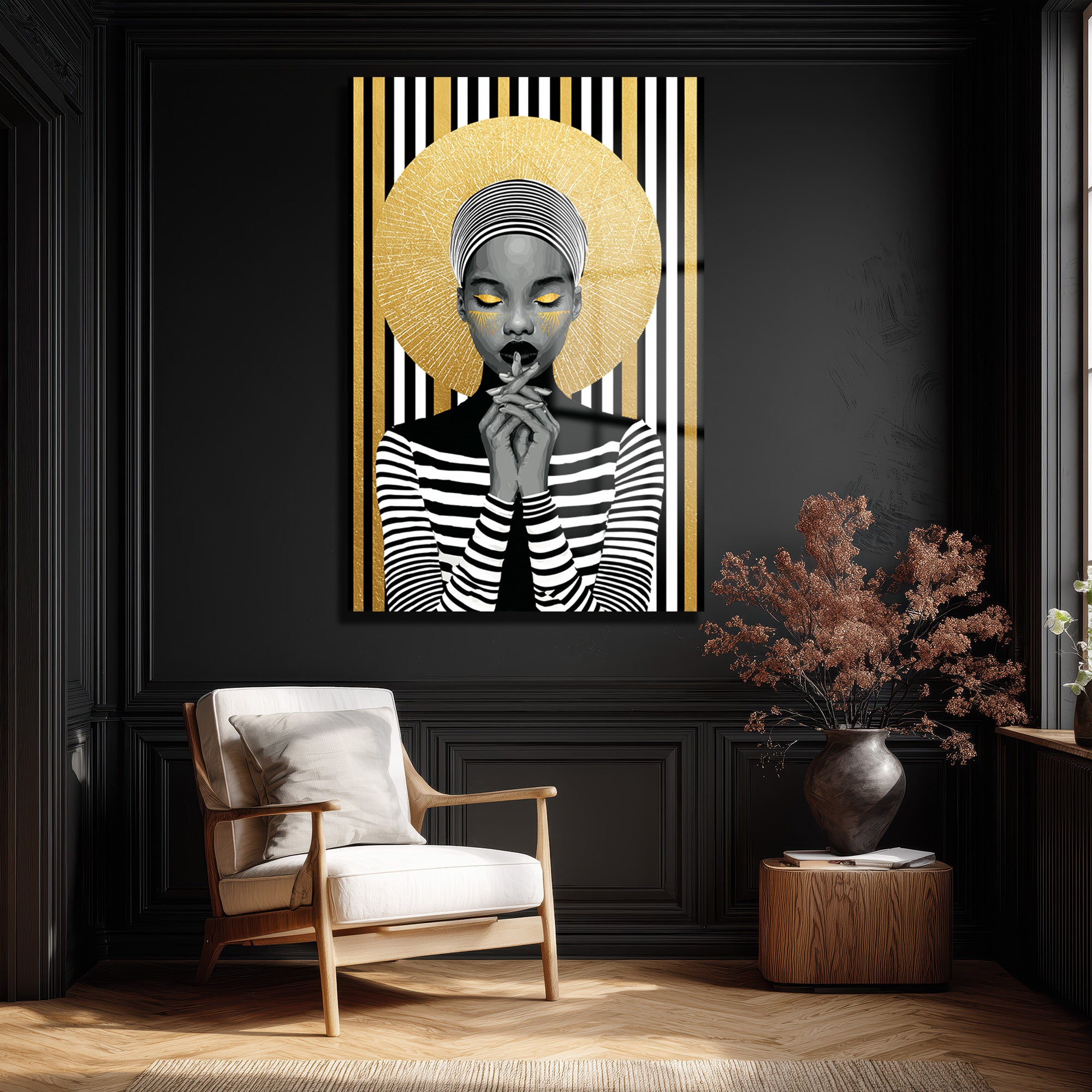Asil Kadın Altın Işıltılı Modern Sanat Cam Tablo