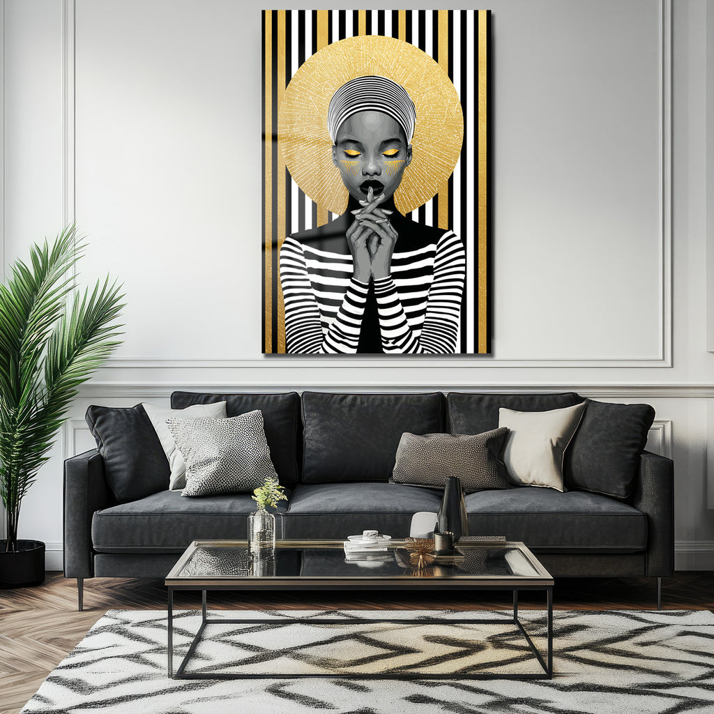 Asil Kadın Altın Işıltılı Modern Sanat Cam Tablo