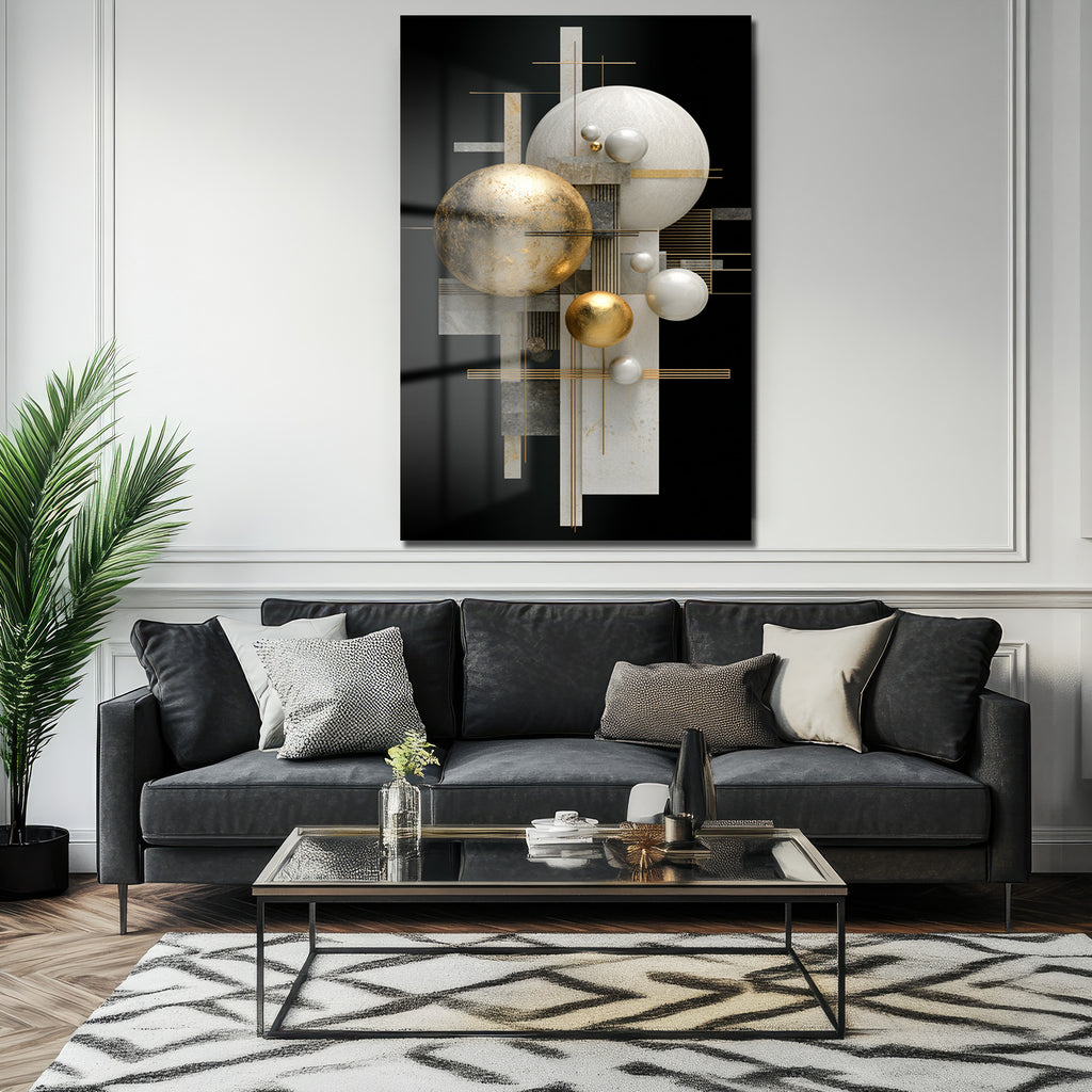 Lüks Altın ve Beyaz Küreler Modern Sanat Cam Tablo