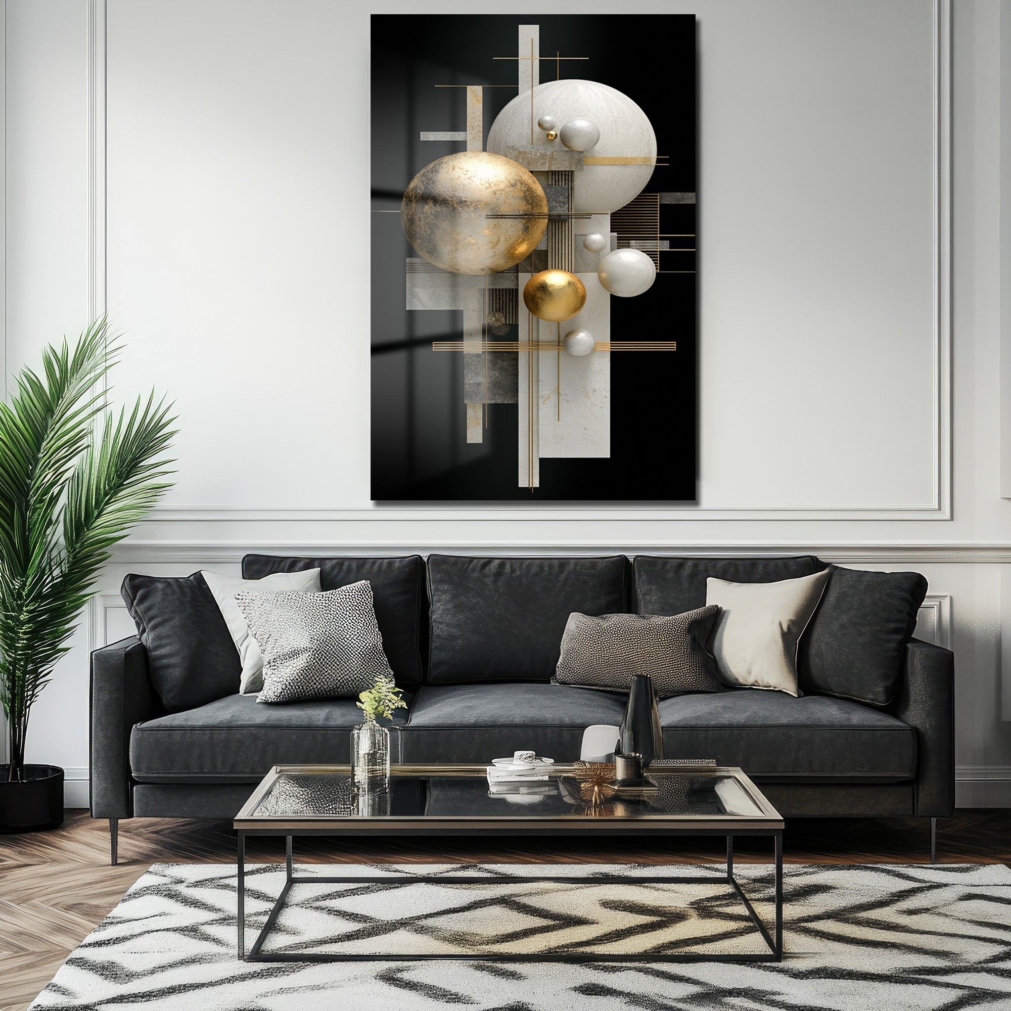 Lüks Altın ve Beyaz Küreler Modern Sanat Cam Tablo