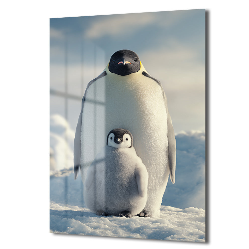 Anne ve Yavru Penguen Cam Tablo - Kutup Ailesi Sanatı