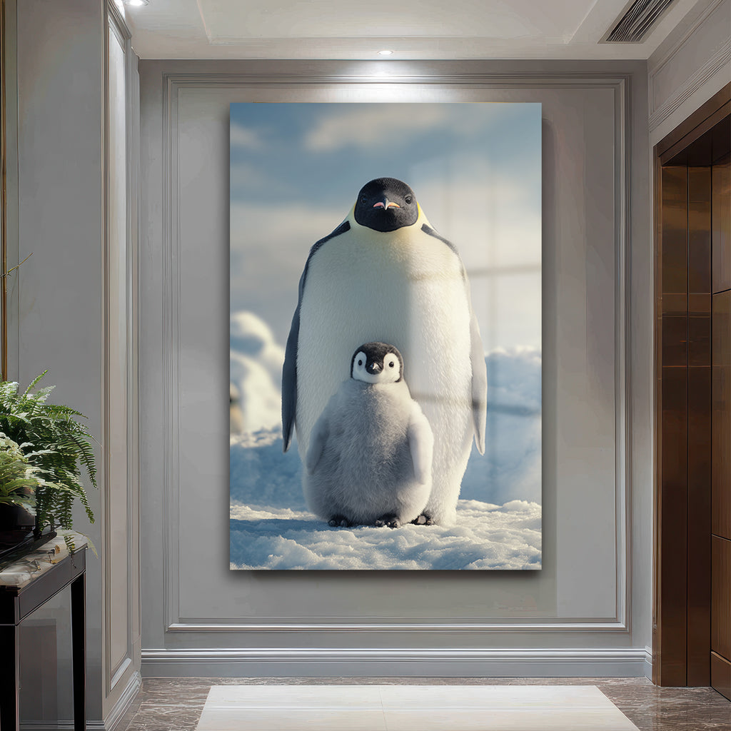 Anne ve Yavru Penguen Cam Tablo - Kutup Ailesi Sanatı